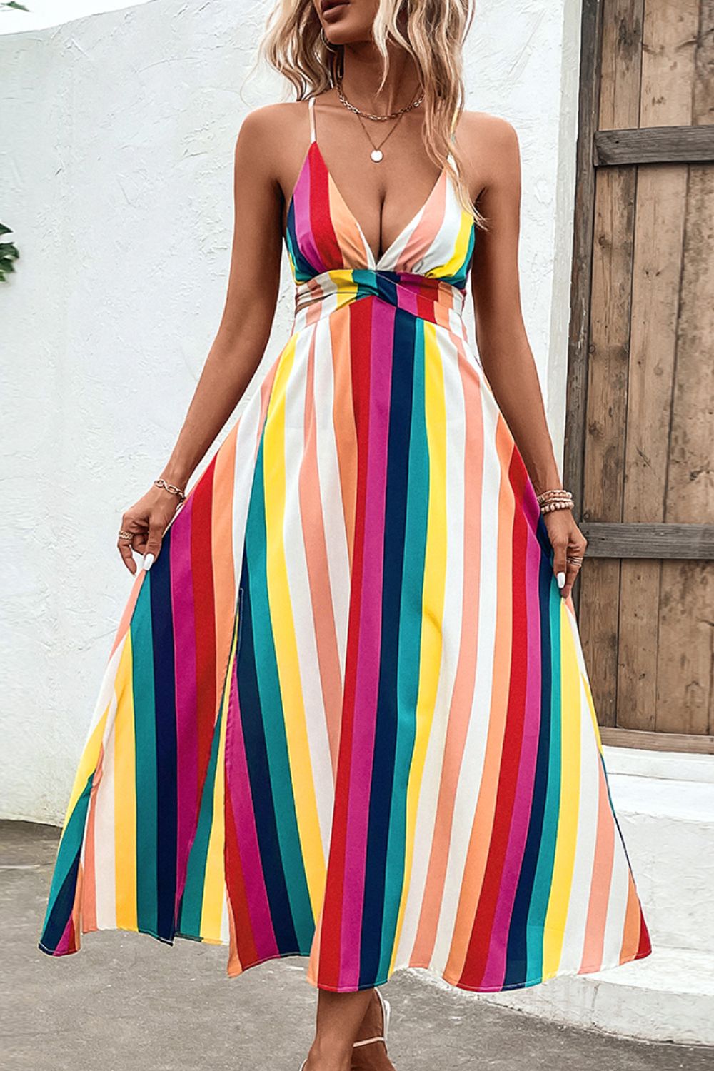 Multicolored Stripe Crisscross Backless Dress