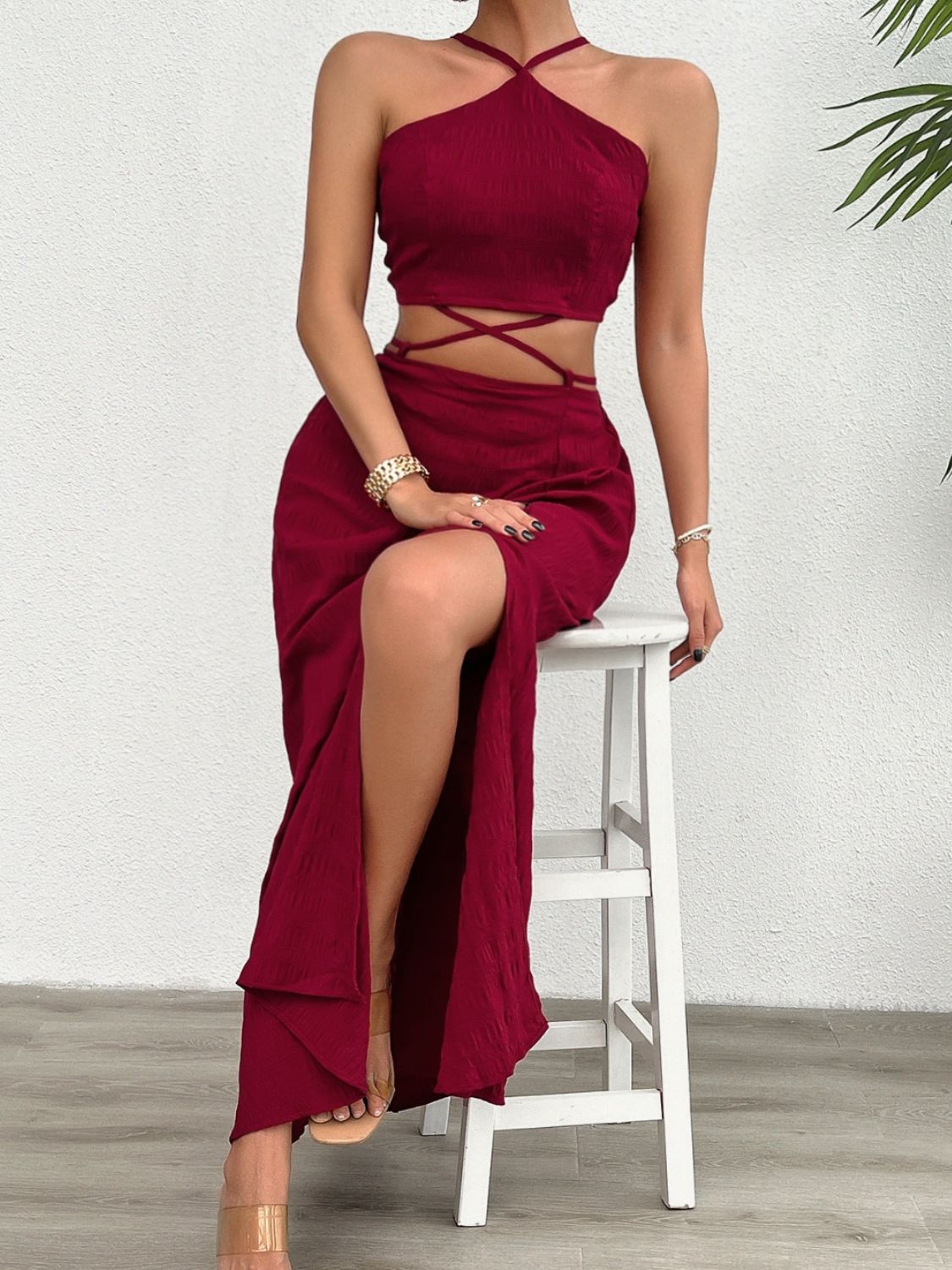 Grecian Neck Top and Slit Skirt Set