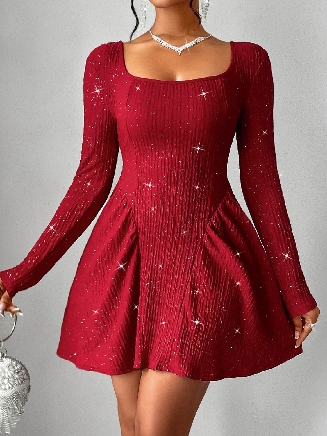 Backless Glitter Square Neck Long Sleeve Mini Dress