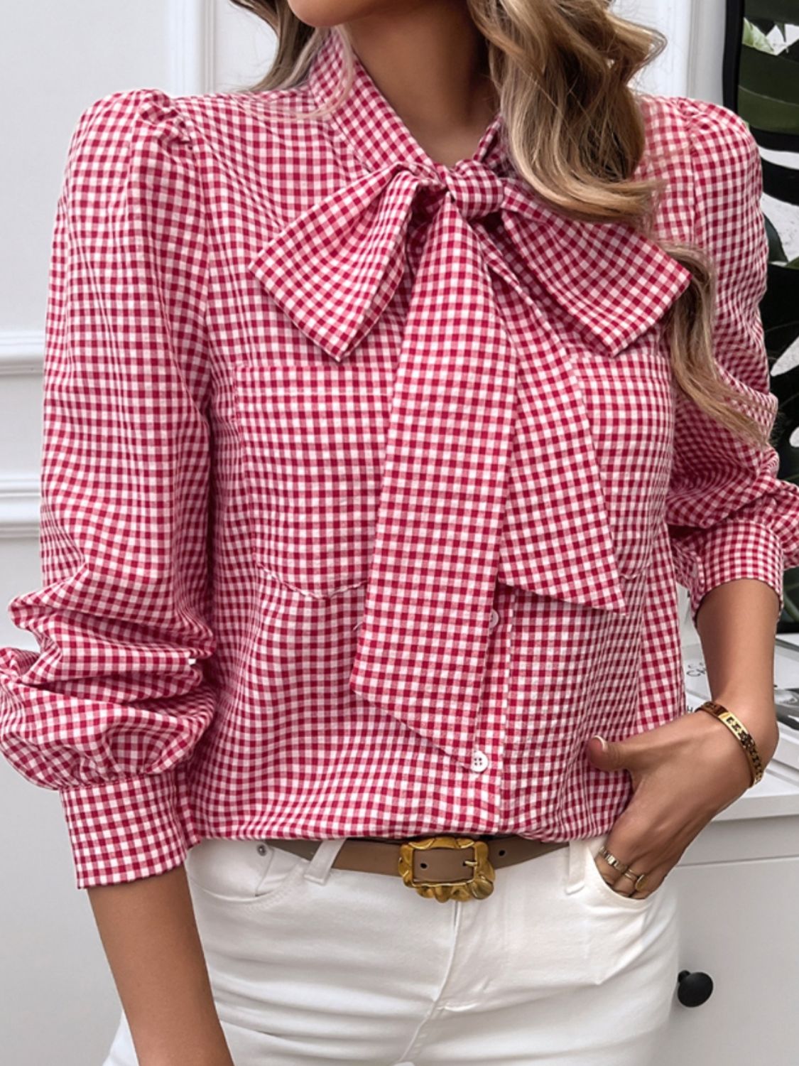 Pocketed Plaid Tie Neck Long Sleeve Shirt