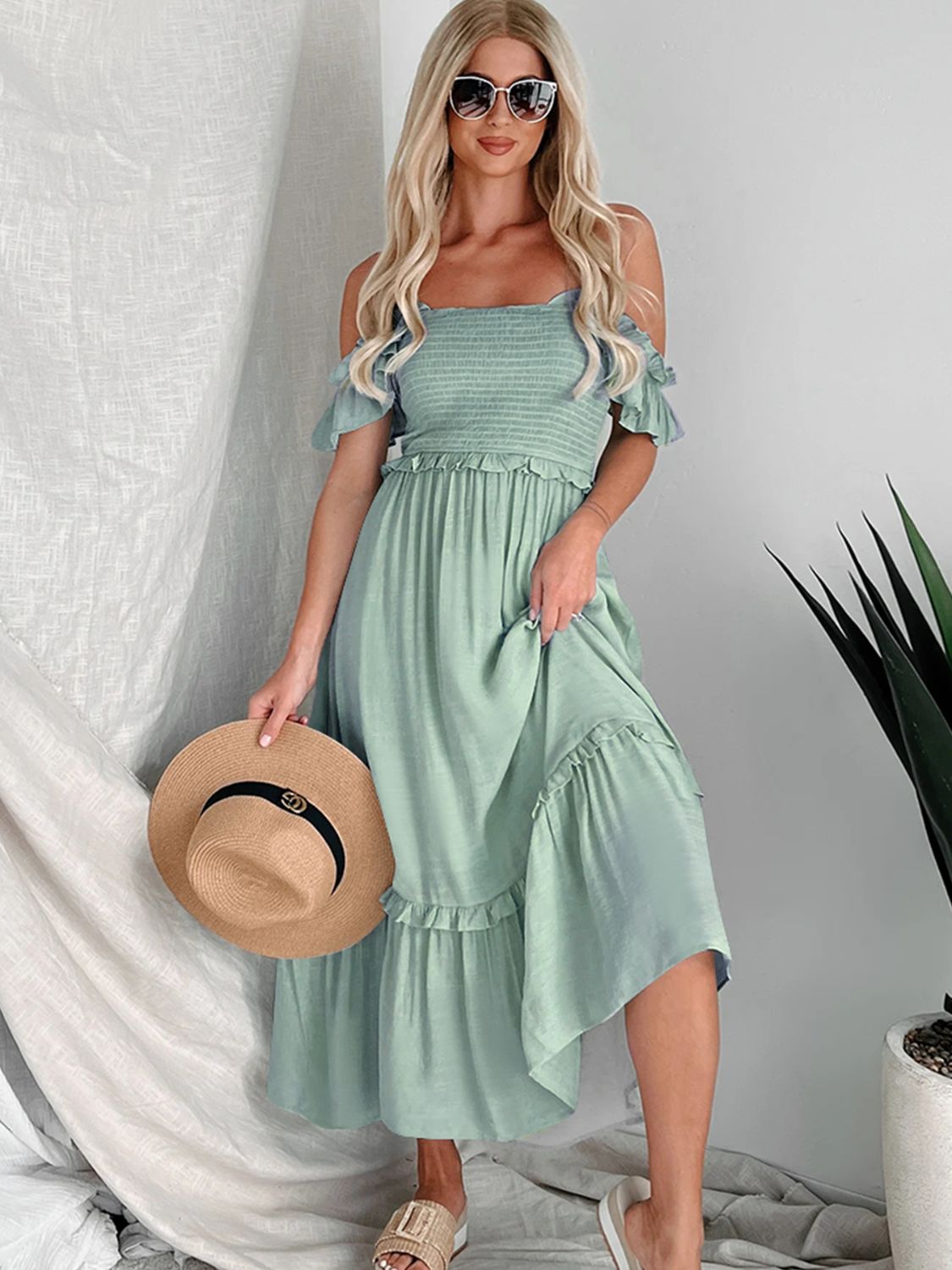 Frill Smocked Off-Shoulder Ruffle Sleeve Dress