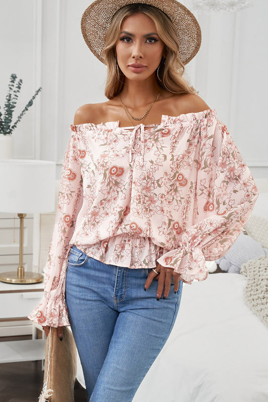 Floral Flounce Sleeve Frilled Off-Shoulder Blouse