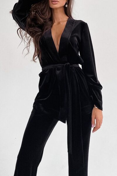 Tie Front Long Sleeve Top and Pants Set