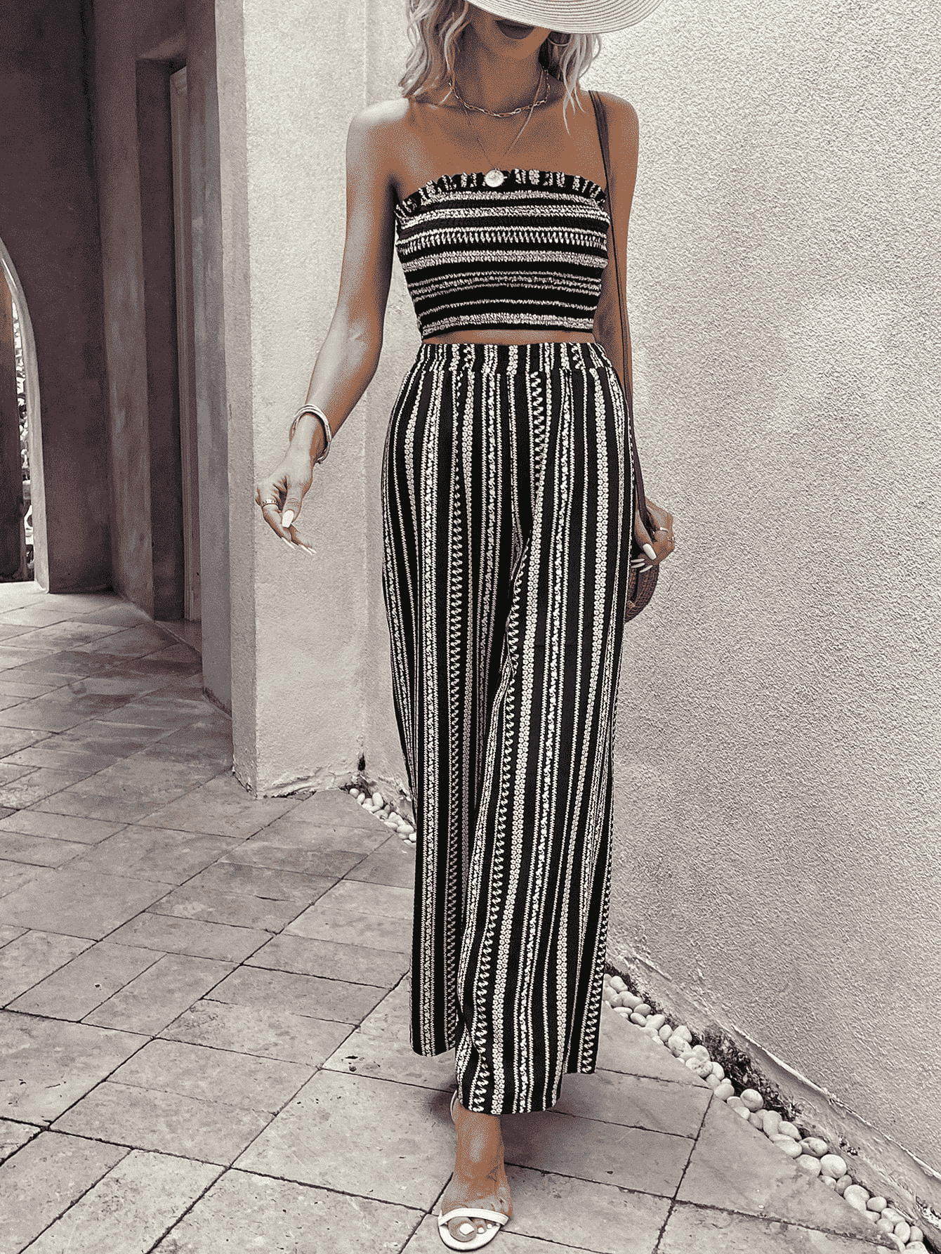 Raw Hem Straight Neck Cropped Top and Long Pants Set
