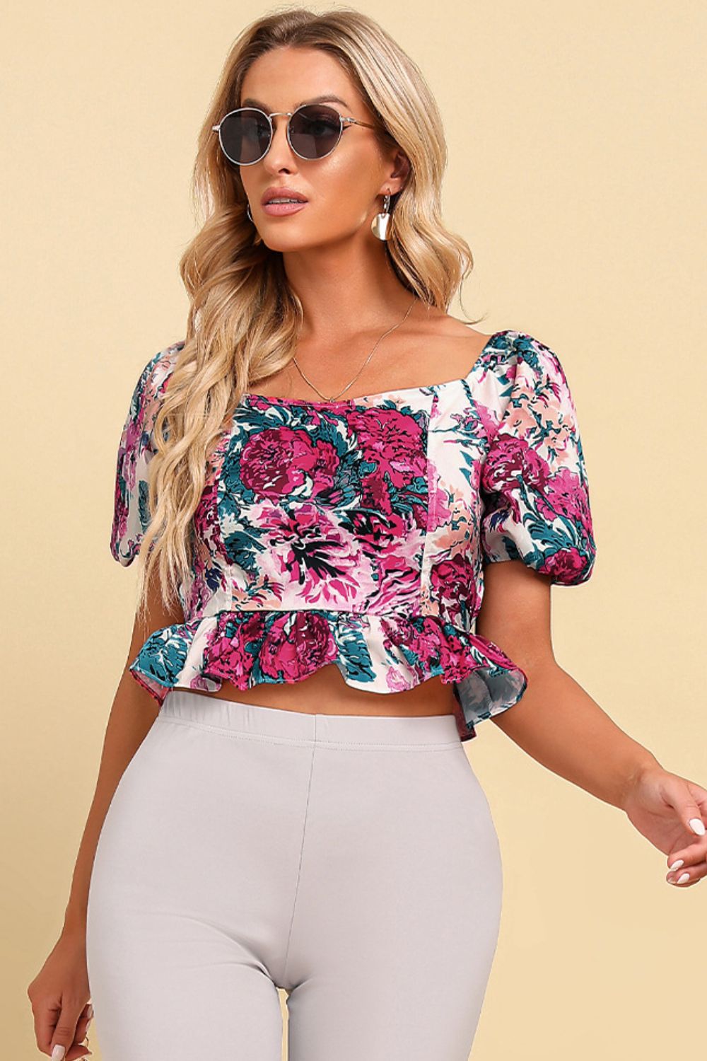 Floral Tied Cropped Peplum Blouse