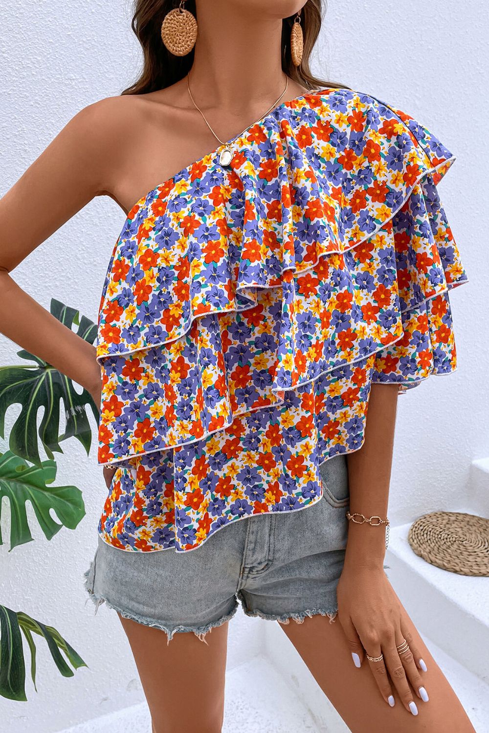 Floral Layered One-Shoulder Blouse