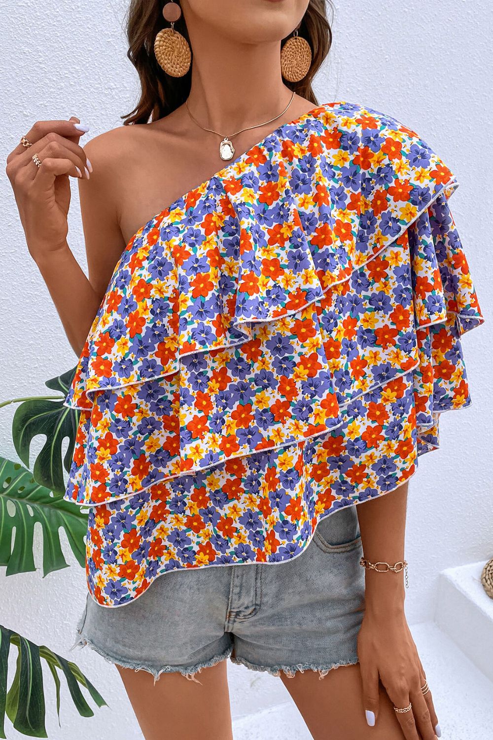 Floral Layered One-Shoulder Blouse